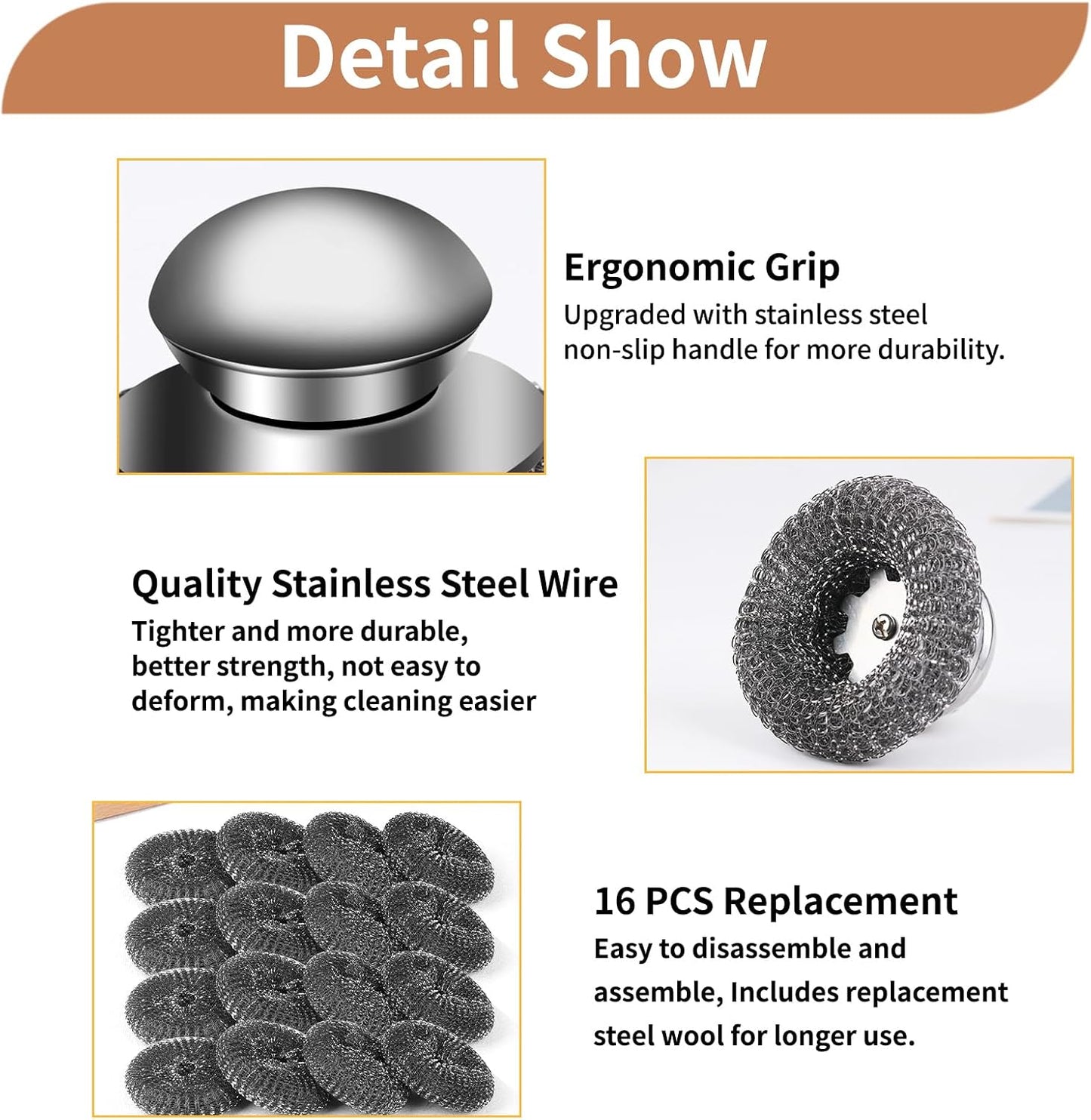 5Pcs Steel Wool Scrubber with Replacement Wire Sponge Pads Set, Stainless Steel Scrubber with Handle for Scouring Stubborn Messes from Cast Iron, Pots, Pans, Grill, Stoves, Sink(1 Scrubber+4 Pads)