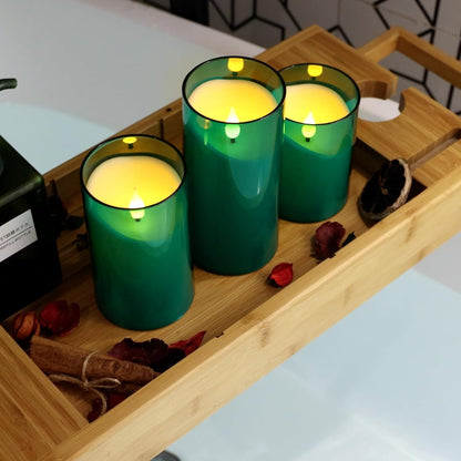 NURADA Flameless Candles with Remote Timer - Glass Real Wax 3D Wick LED Pillar Votive Candle Set Battery Operated Flickering Light for Home Christmas Decoration - White 3 Pack