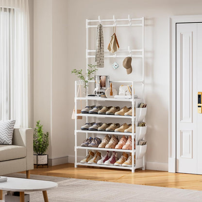 OYREL Shoe Rack 5 Tier Shoe Organizer Storage 15-20 Pairs Shoes Rack for Closet Entrance Shoe Rack Organizer with Hooks and Side Pocket Entryway Shoe Holder Space Saving Free Standing Shoe Racks