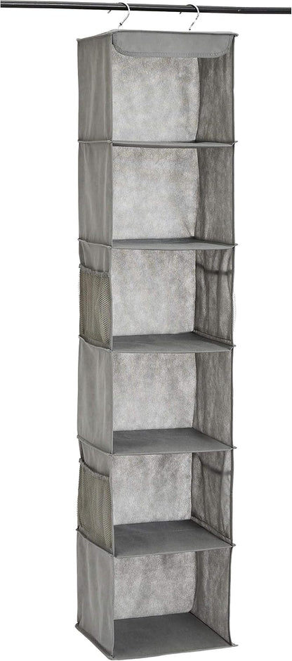 Amazon Basics 6-Tier Hanging Closet Shelf Organizer with Pockets, Clothes Storage for Sweaters and Clothing, 12" W x 9" L x 8.5" H, Grey | Organizer