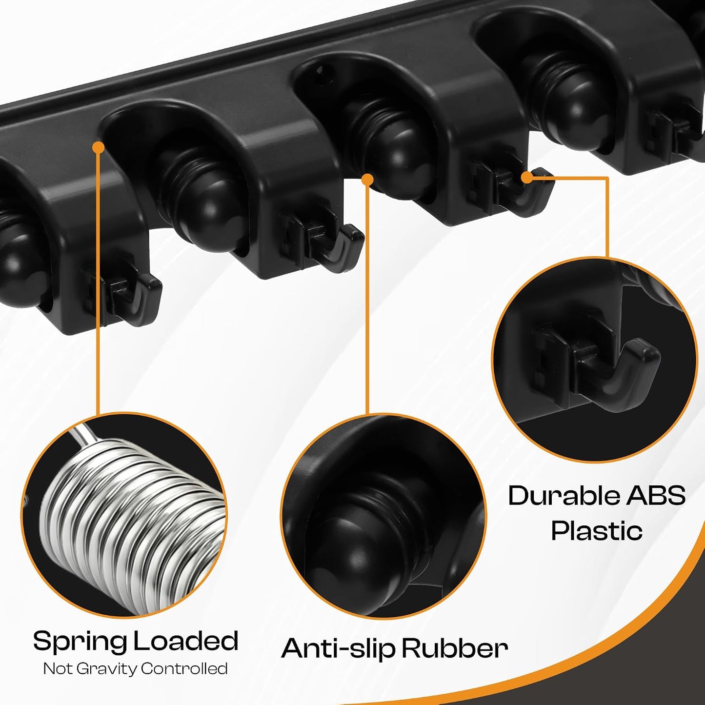 Heavy-Duty Stainless-Steel Broom Holder Wall Mount with 3 Racks and 4 Hooks | Waterproof Mop and Broom Hanger | Adjustable, Garage & Garden Tool Organizer | Black
