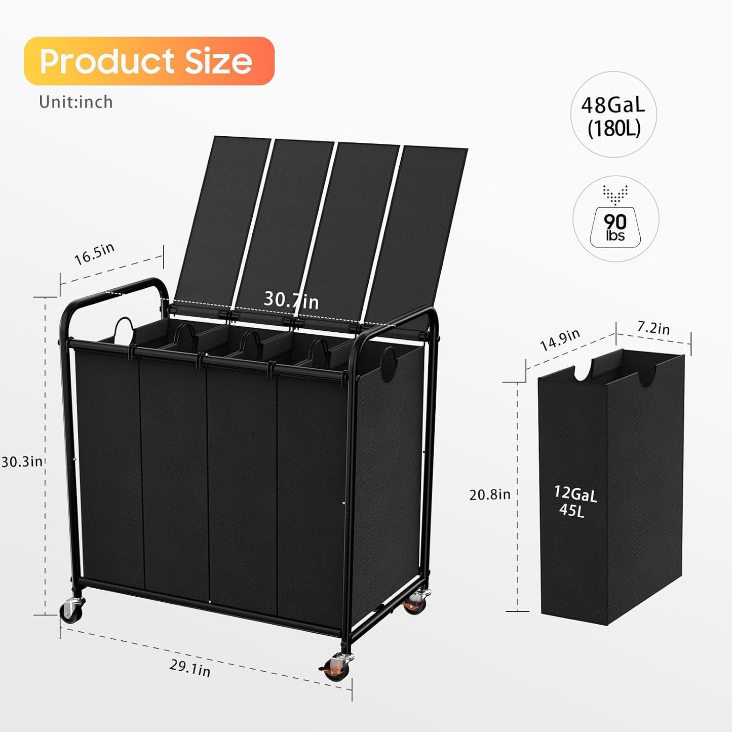 180L (47.55 Gal) Laundry Sorter 3 Section, Rolling Laundry Basket with Lockable Wheels and Lid, Laundry Hamper with 3 Separated Removable Bags Dirty Clothes Hamper for Laundry Room Organizer, Black
