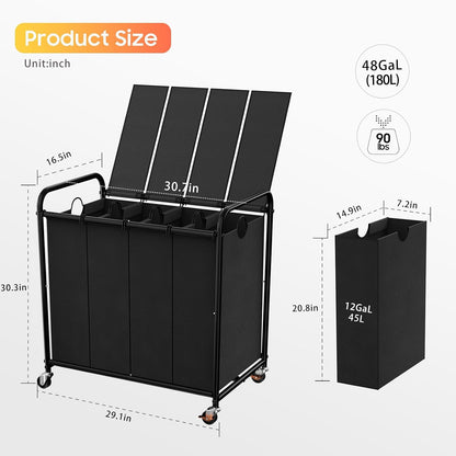 180L (47.55 Gal) Laundry Sorter 3 Section, Rolling Laundry Basket with Lockable Wheels and Lid, Laundry Hamper with 3 Separated Removable Bags Dirty Clothes Hamper for Laundry Room Organizer, Black