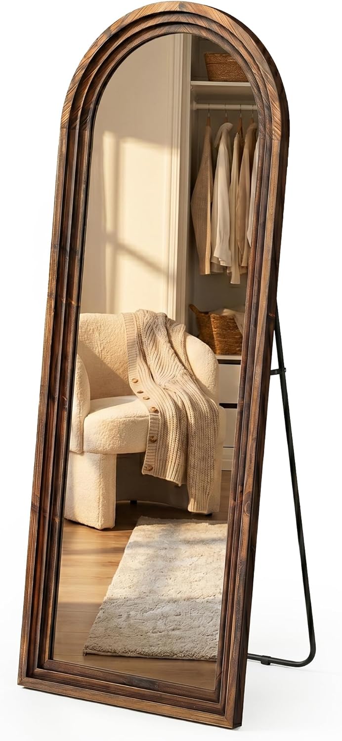 Arched Wood Floor Mirror with Stand, 63" x 21" Rustic Walnut Triple-Layer Solid Wood Frame Full Length Body Mirror, Shatterproof Tempered Glass, Wall Mounted or Leaning for Bedroom Entryway