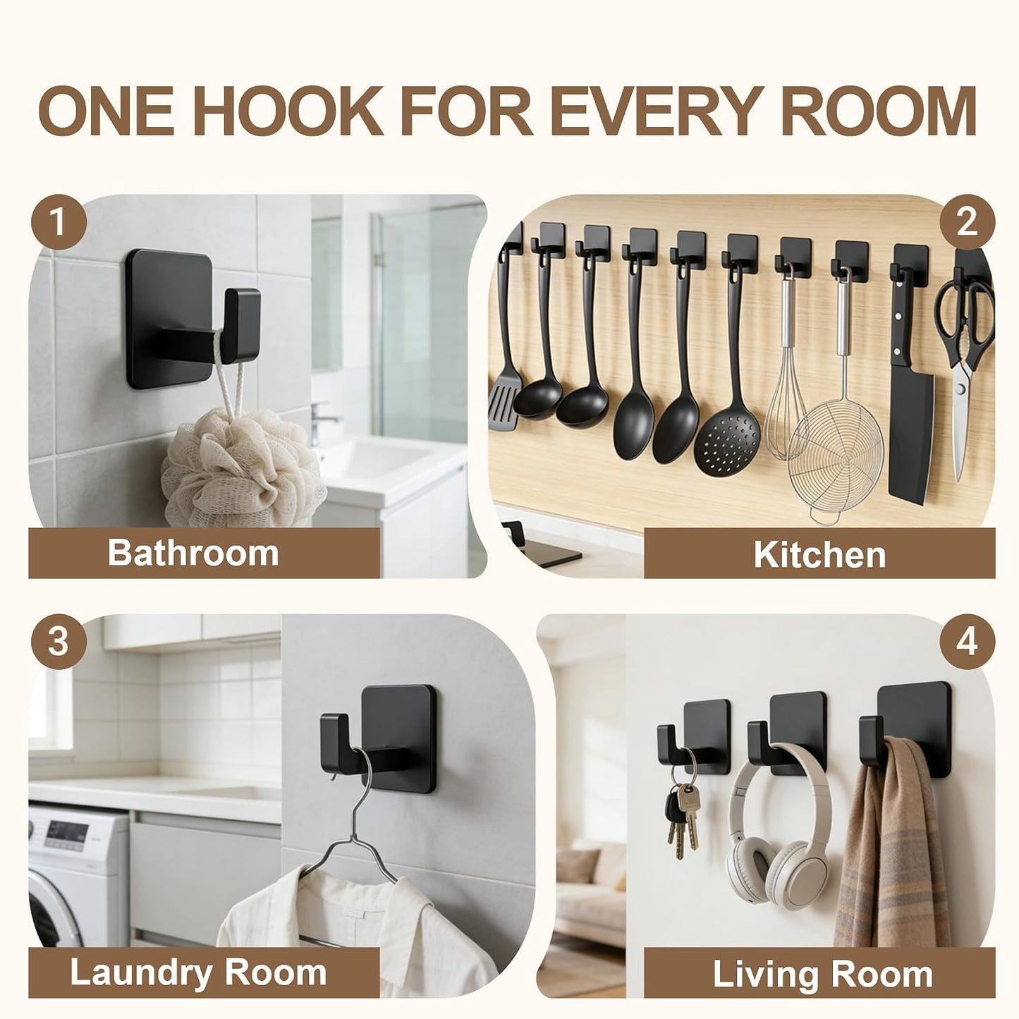 6 Pack Black Heavy Duty Adhesive Hooks, 26lb Max Waterproof Stainless Steel Adhesive Wall Hooks for Hanging, No Drill Sticker Hooks for Bathroom Kitchen Towels