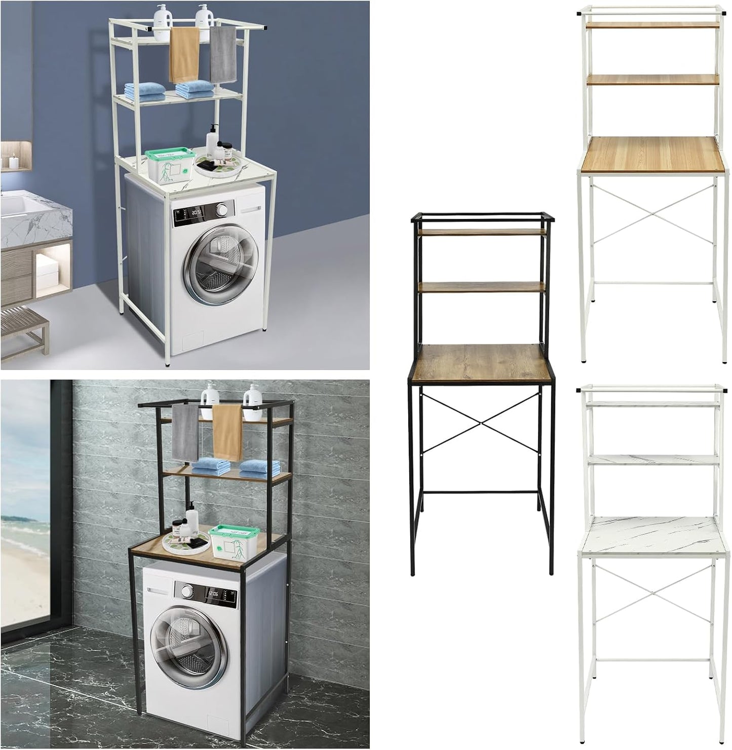 Over Washer Dryer Standing Rack Stand with Adjustable Rubber Feet, Hanging Towels Organizer Laundry Products Storage Shelf for Bathroom Laundry Room Space Saver (Black+Oak)