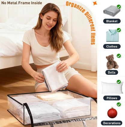 4 Packs Clear Under Bed Storage Containers - 60 L Large Capacity Clothes Storage Bags with Lid & Sturdy Handles, Foldable Moving Bags, Clothing Organizer Totes for Bedding, Comforter, Sheet