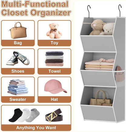 Hanging Closet Organizer 4 Shelf Collapsible Bedroom Closet Organizers and Storage Hanging with Mesh Pockets for Clothes, Fabric Hanging Storage Bins for Wardrobe Closet Organization and Storage, Grey
