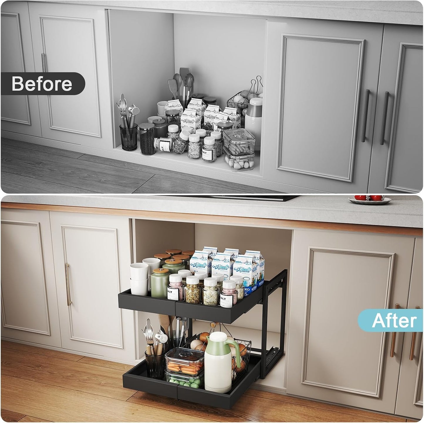 Golener 2-Tier Expandable Pull Out Cabinet Organizer - Slide Out Drawers for Kitchen Cabinets, Bathroom Organizers and Storage, Under Sink Organizer for Kitchen Storage Organization, White Metal Frame