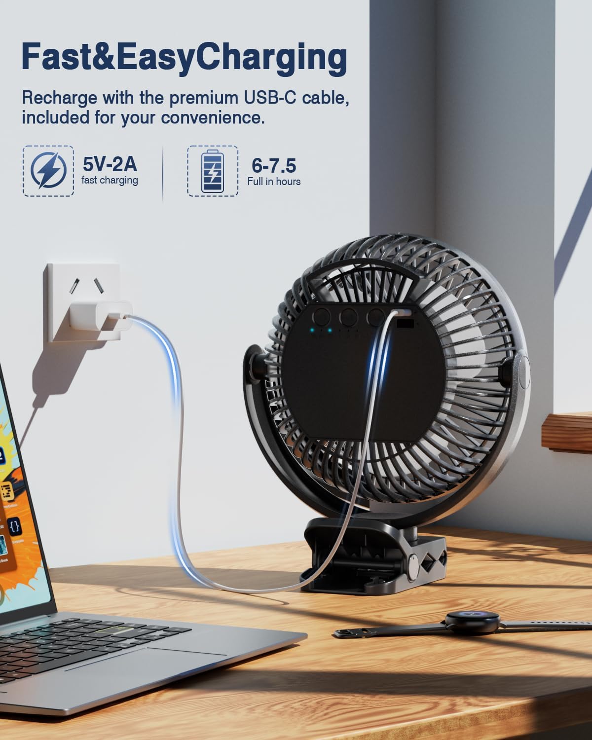 FRIZCOL 20000mAh 8 Inch Portable Clip On Fan,Battery Operated Golf Cart Fan with Lights, USB Fans Small Desk Fans Personal Quiet Fans for Office Stroller Bedroom and Camping