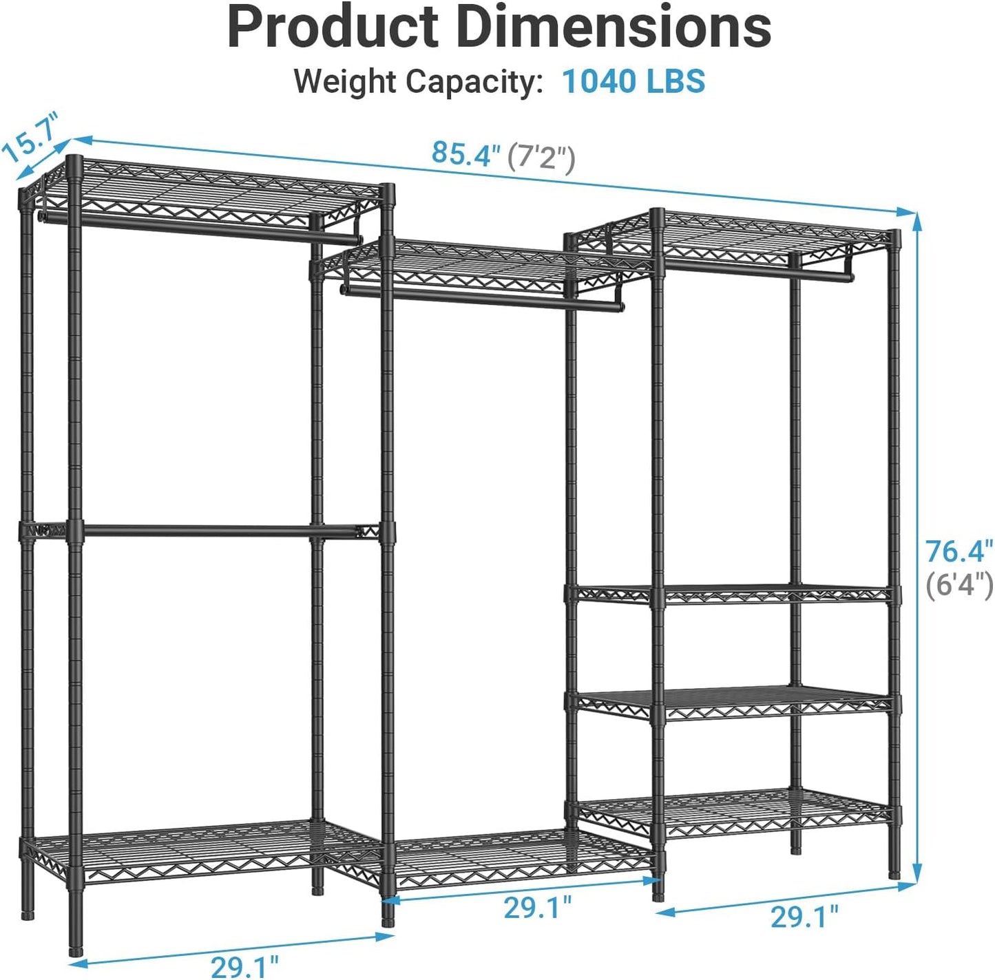 VIPEK V5 Heavy Duty Clothes Rack, Portable Closet Wardrobe with 4 Hanging Rods & 8 Shelves, Freestanding Adjustable Garment Rack for Bedroom, Walk-in Closet, 890 lbs Capacity, Black, 68.9" L