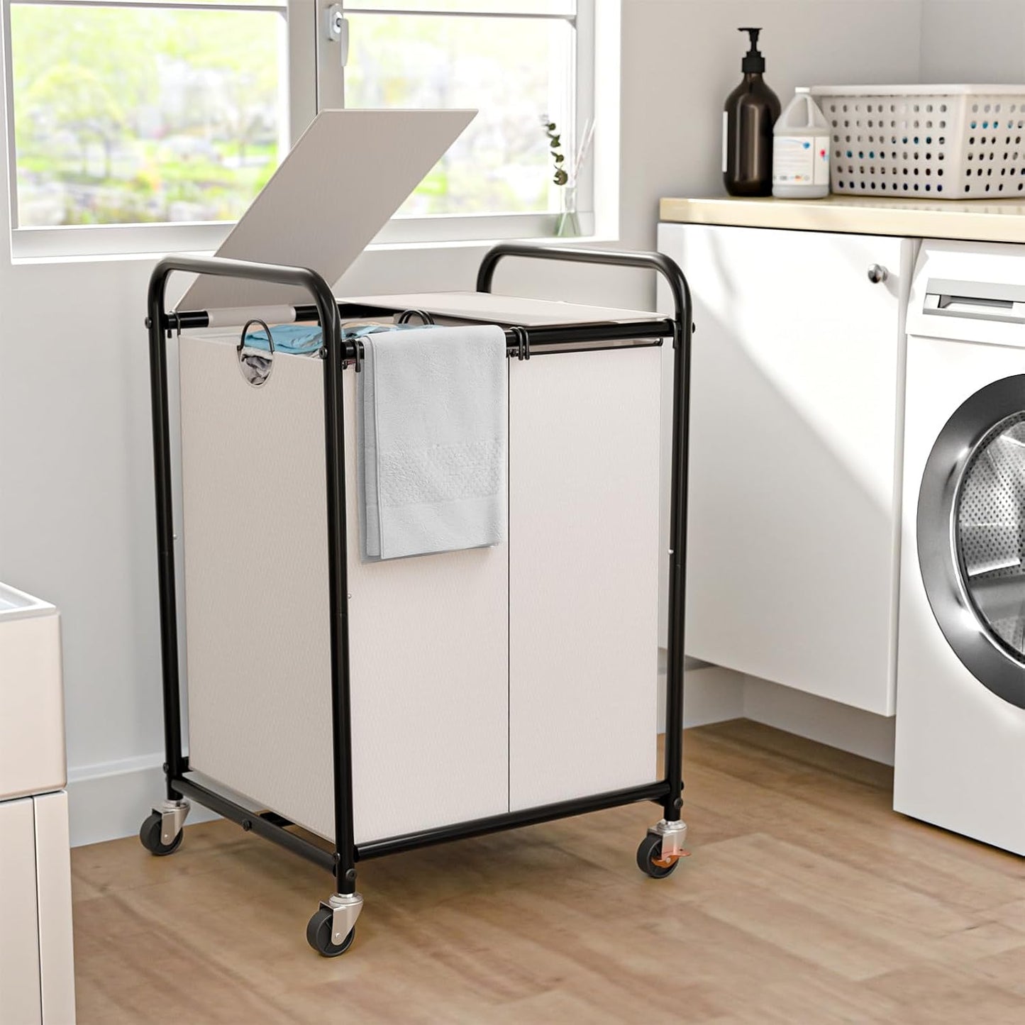 180L (47.55 Gal) Laundry Sorter 3 Section, Rolling Laundry Basket with Lockable Wheels and Lid, Laundry Hamper with 3 Separated Removable Bags Dirty Clothes Hamper for Laundry Room Organizer, Black