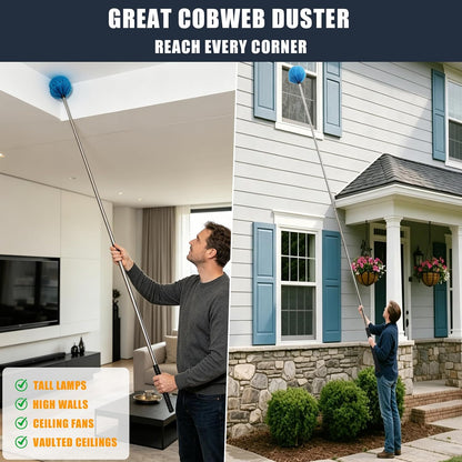 Lightweight Cobweb Duster with Extension Pole – 8FT Long Reach Brush Kit, Washable Head for Ceiling Fan, Spider Webs, Dust – Cleans Up to 15FT, for Furniture, Eaves, Vents, Roof