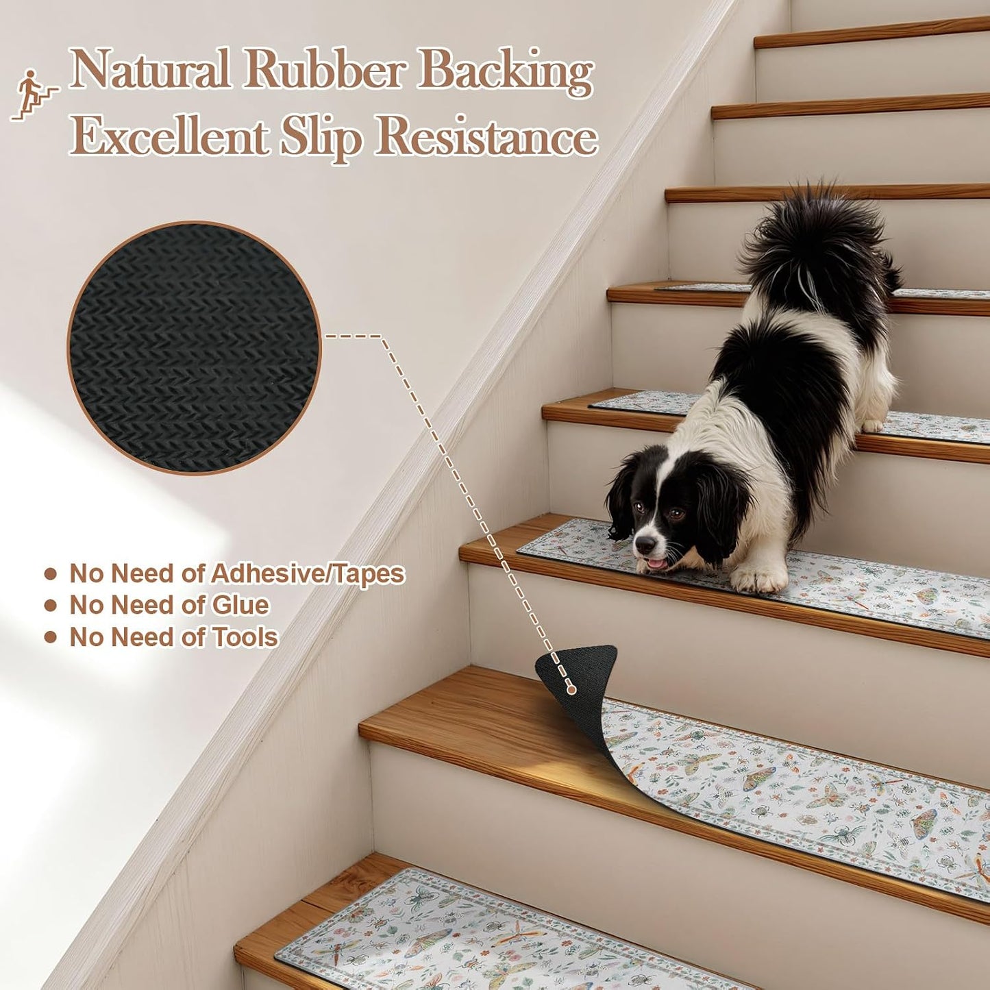 OJIA Insect Print Stair Treads Non Slip Stair Runners for Wooden Steps Indoor, 15PCS 8"x30" Rubber Backing Carpet Treads for Wood Stairs Staircase Step Treads for Kids & Dogs, Stair Covers, Black