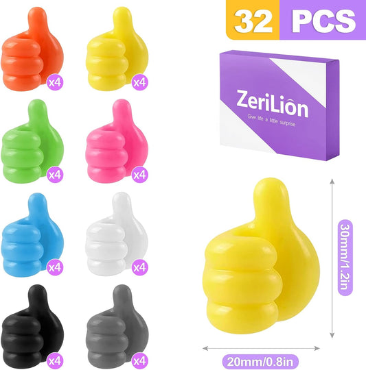 32 Pack Thumbs Up Wall Hooks, Self-Adhesive Silicone Clips for Cable Management, Key Holder, Desk Organizer, Fun Decorative Hooks for Office and Home
