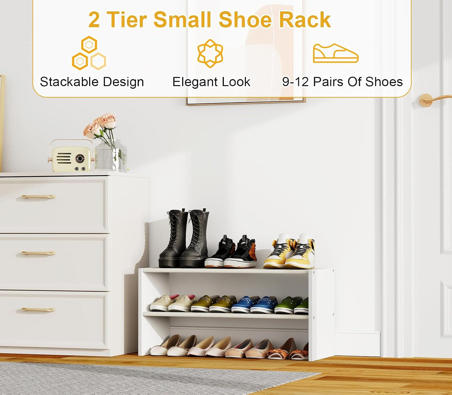 Cidaziya 2 Tier Small White Shoe Rack for Closet, Stackable Shoe Shelf Organizer for 9-12 Pairs of Shoes, Portable Wood and Cloth Structure, Small Shoe Storage Organizer, Size 28.5"* 11" * 13"