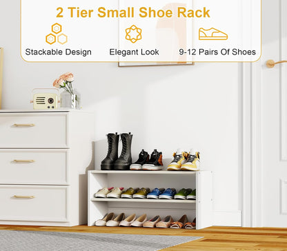 Cidaziya 2 Tier Small White Shoe Rack for Closet, Stackable Shoe Shelf Organizer for 9-12 Pairs of Shoes, Portable Wood and Cloth Structure, Small Shoe Storage Organizer, Size 28.5"* 11" * 13"
