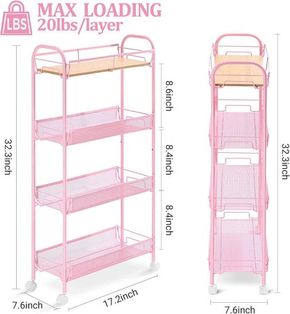 KINGRACK 4-Tier Slim Rolling Cart with Wooden Tabletop, Easy Assemble Metal Utility Cart, Slide Out Narrow Storage Cart for Narrow Space on Bedroom Bathroom Laundry Room Apartments Dormitory, Pink