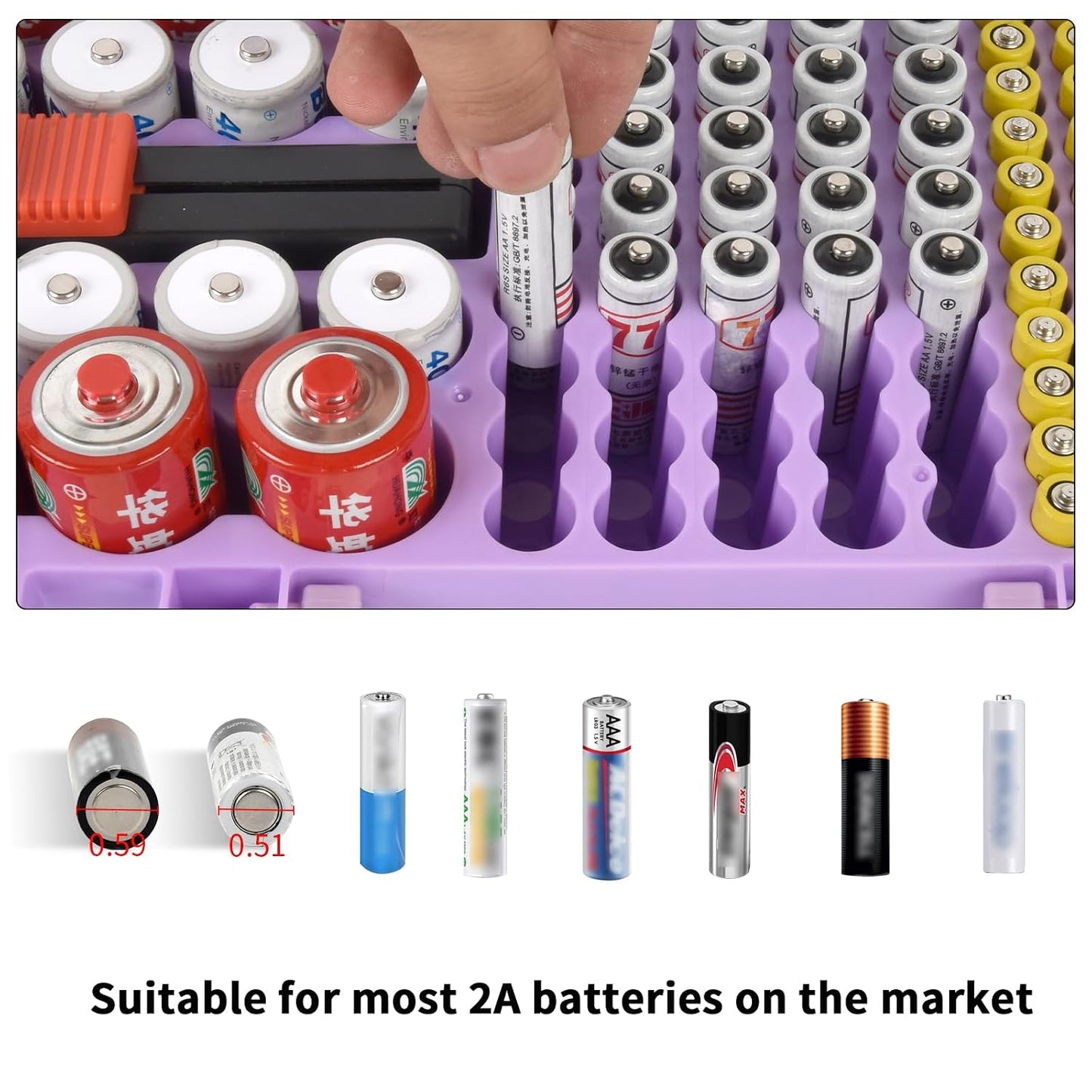 Xuerdon Battery Organizer Storage Case with Tester, 120+ Slots for Home | Hard Plastic for AA AAA C D 9V and Coin Cells, Wall-Mount/Drawer, Home Battery Managemt, Purple, Batteries Not Included