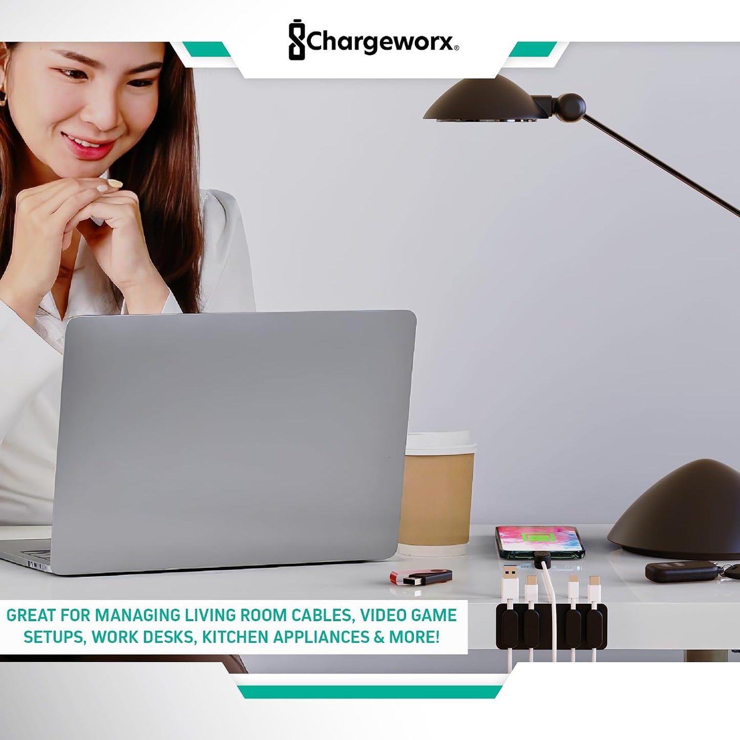 Chargeworx Magnetic Cable Clips - Cord Holder Organizer, No Drill Self-Adhesive Base, Cable Organizer, Repositionable Magnetic Clips, 5-Pack, USB-C Lightning Micro-USB, Desk Nightstand Wall Car, Black