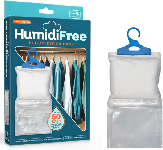 Humidi Free Hanging Dehumidifier Bags-4 Pack, Moisture Absorber for Closet, Bathroom & Basement, Humidity Control Hanging Bags, Fragrance-Free, Space Saving Design
