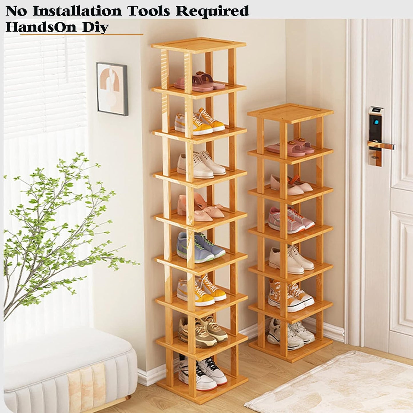SAN HE 7-Tier Modern Bamboo Shoe Rack - Vertical, Slim, Space-Saving Shoe Organizer for Small Spaces, Closet, Entryway, Corner, Garage, Bedroom