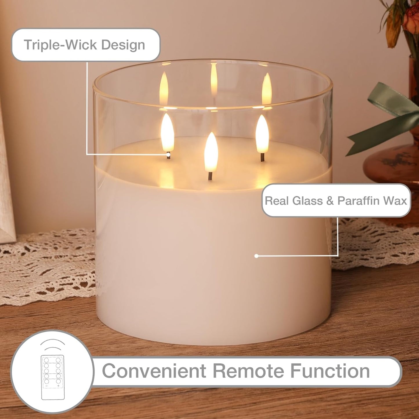 Eywamage 3 Wick Smoke Grey Glass Flameless LED Candle with Remote, Flickering Large Battery Pillar Candle Decor Φ 6" H 6"