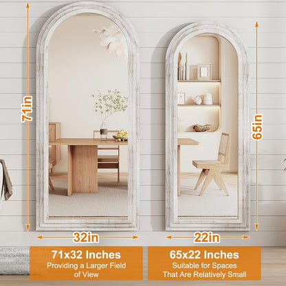 ZHUNFA Arched Full Length Mirror with Solid Wood Frame | 65x22 Farmhouse Wall Mirror Full Length with Stand, Vertical Hanging, Leaning Standing for Bedroom,Living Room, Rustic White