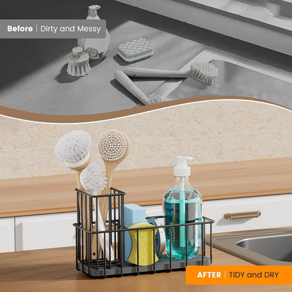 Kitchen Sink Countertop Sponge Holder - Stainless Steel Soap Caddy - Home Decor Kitchens Counter Organizer Accessories - Dish Brush Holder with Drain Rack and Tray - Organization and Storage Gadgets