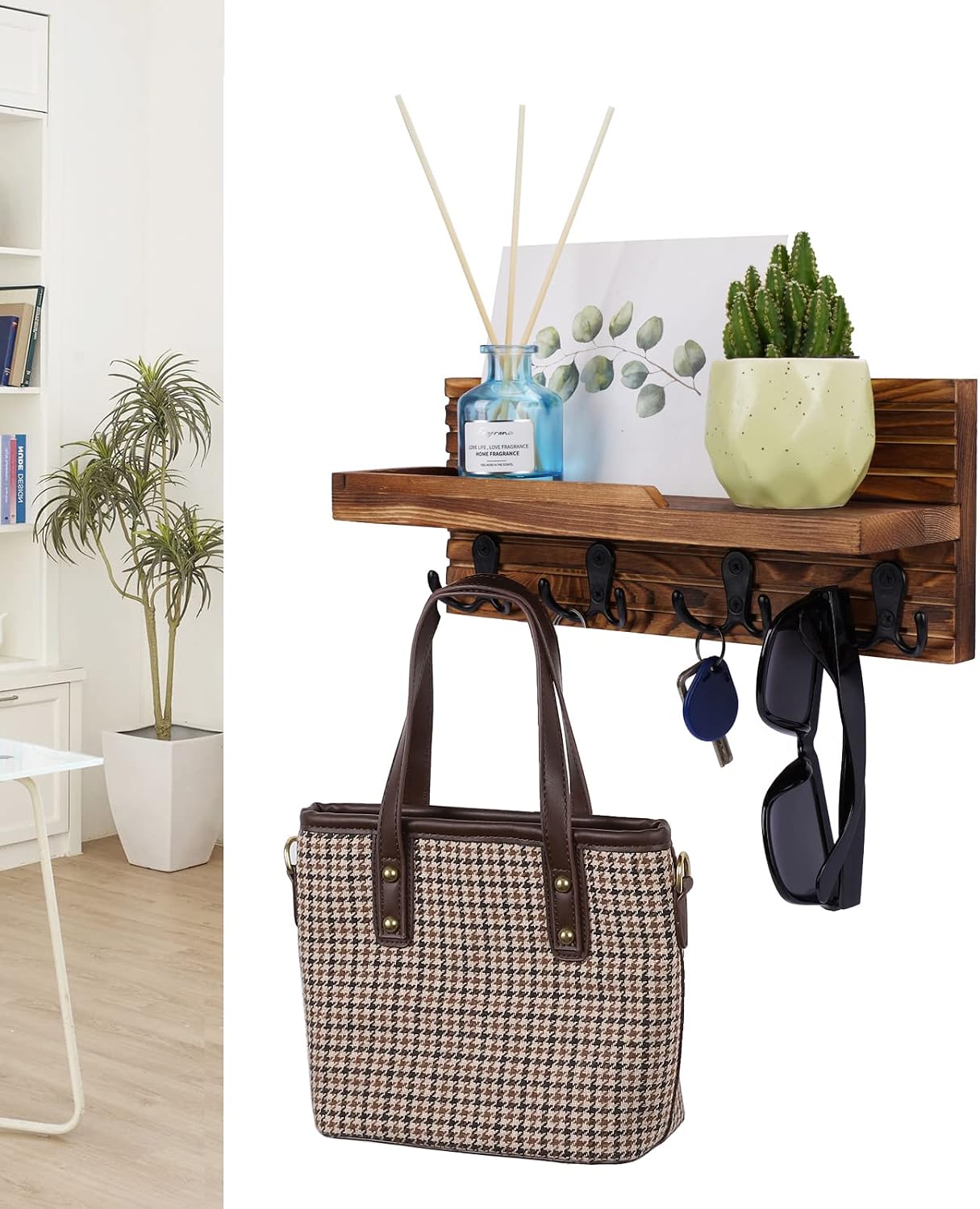 Decorative Key Hanging Rack with 4 Double Hooks – Easy Install Natural Wooden Key and Mail Holder for Wall Mount – Entryway Decor Rack with Shelf (Carbon Black)