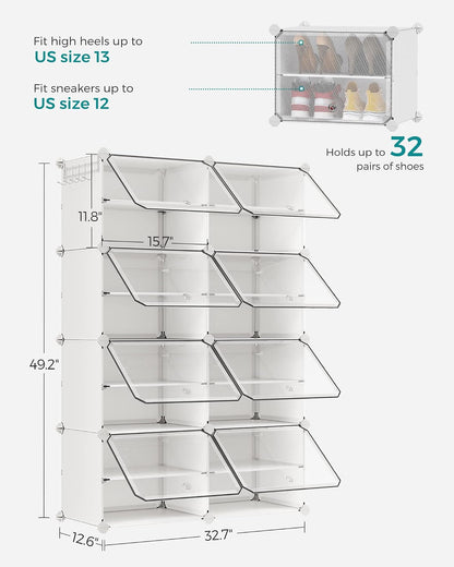 SONGMICS Shoe Rack Organizer, 8-Tier Shoe Storage Cabinet for Closet and Entryway, Holds 32 Pairs of Shoes, Adjustable, Cloud White and Transparent ULPC034W01