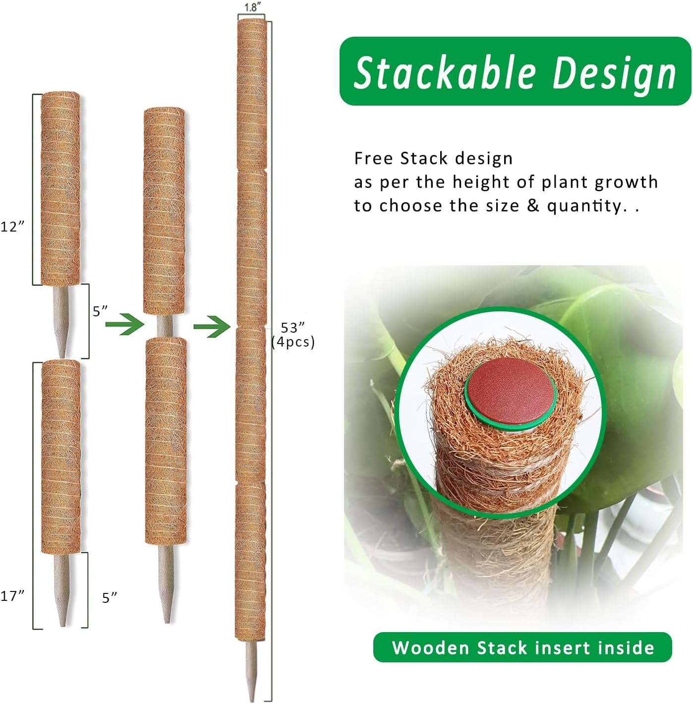 Moss Pole, 4Pack 21 Inch Plant Support Stakes for Indoor Plants, Monstera Plant Support Stakes, 69 Inch Tall Coir Plant Pole Sticks for Potted Plants, Pothos, Philodendron, Climbing Plants Accessories