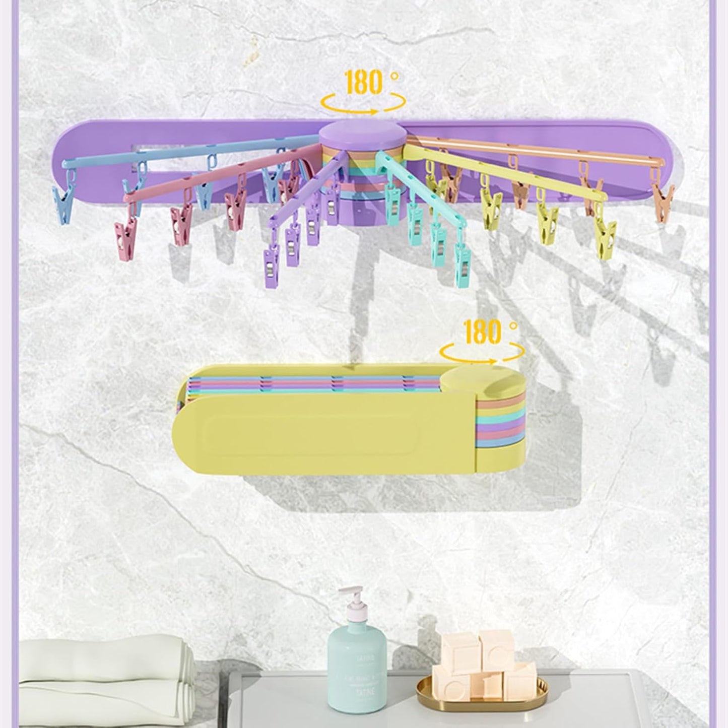 Wall Mounted Clothes Hanger Rack Socks Gloves Towels Drying Rack Space-Saver Laundry Drying Rack Collapsible with 24 Clips for Laundry Balcony Mudroom Bedroom (Multicolor Rotating)