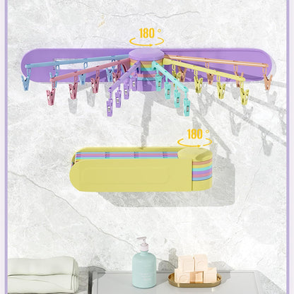 Wall Mounted Clothes Hanger Rack Socks Gloves Towels Drying Rack Space-Saver Laundry Drying Rack Collapsible with 24 Clips for Laundry Balcony Mudroom Bedroom (Multicolor Rotating)