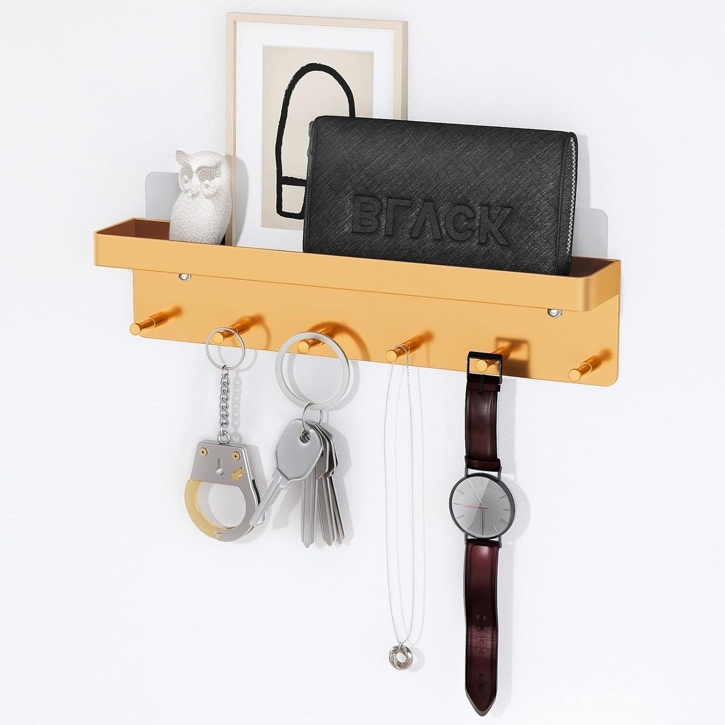 MKO Key Holder Wall Mount, Key Holder Wall Mount Adhesive with Mail Organizer Tray with 6 Key Hooks for Wall, Black