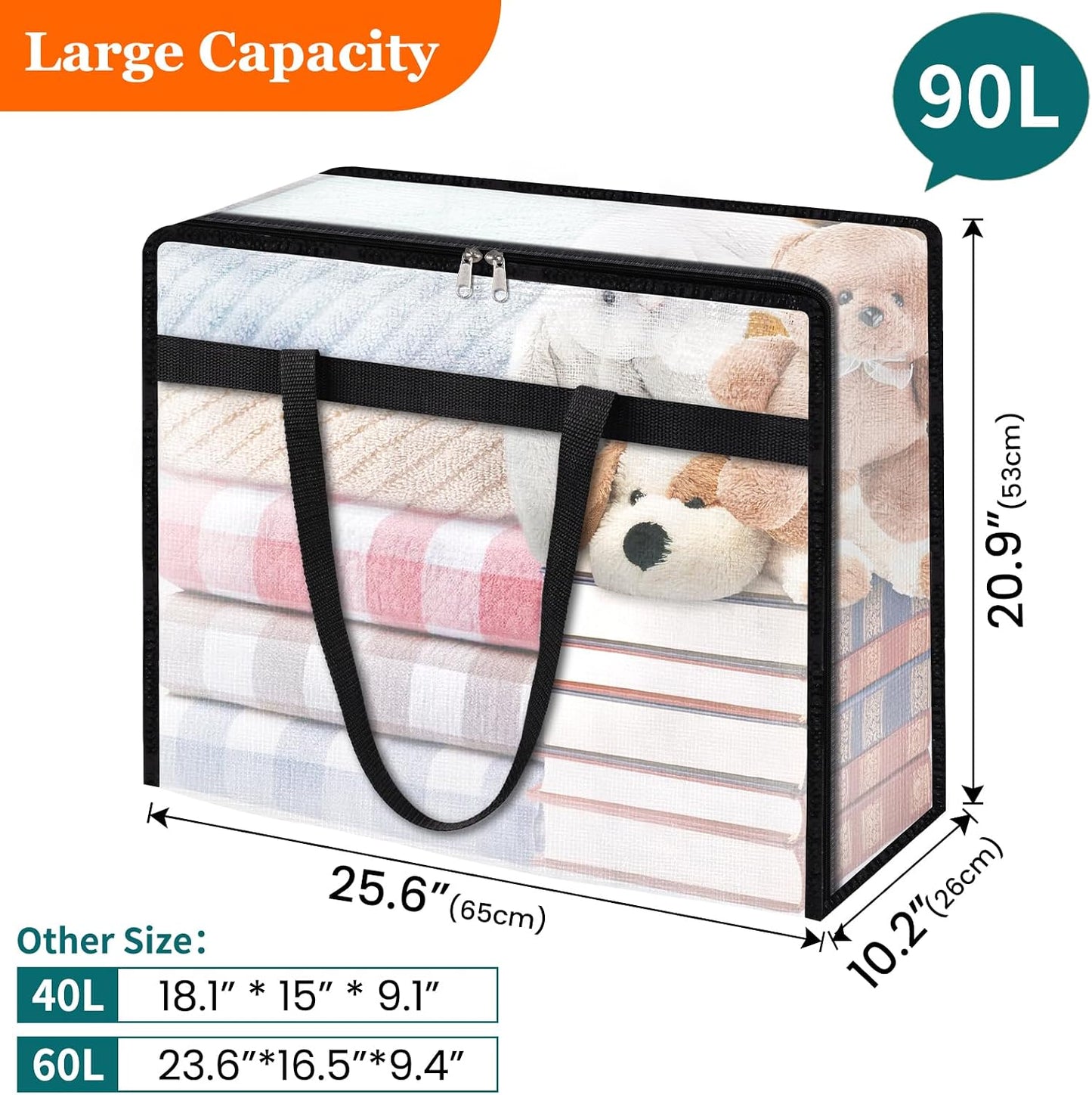 TasticTotes 6 Pack Clear Storage Bags for Comforter, Clothes & Bedding, Plastic Blanket Storage with Zipper and Handle, Moving Bags, Closet Organizer and Under-Bed Storage (40L)