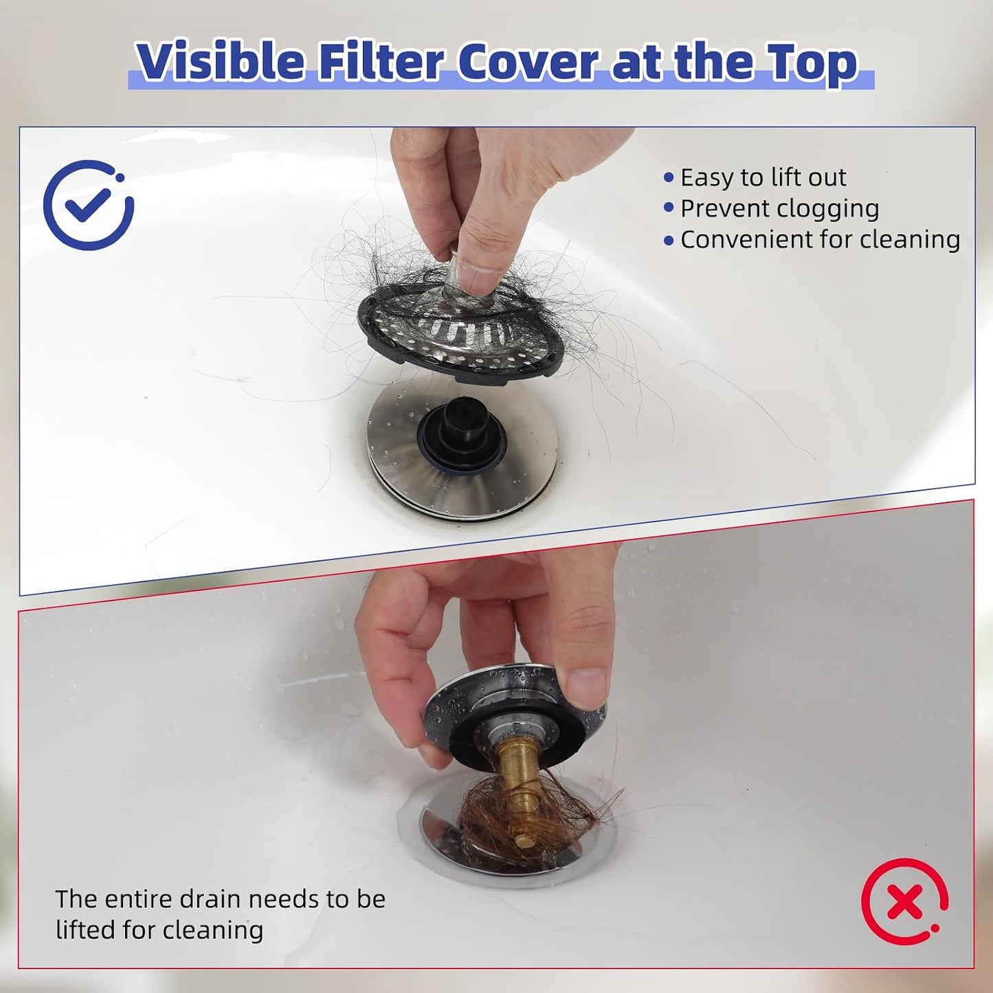 Universal Bathtub Drain Stopper Shower Drain Hair Catcher, Tub Stopper with Visible Top Strainer, Upgraded 3 in 1 Pop-up Drain Plug Fit for 1.5 to 2.4" Hole, Stainless Steel Filter Basket, Chrome