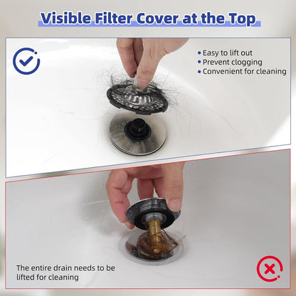 Universal Bathtub Drain Stopper Shower Drain Hair Catcher, Tub Stopper with Visible Top Strainer, Upgraded 3 in 1 Pop-up Drain Plug Fit for 1.5 to 2.4" Hole, Stainless Steel Filter Basket, Chrome