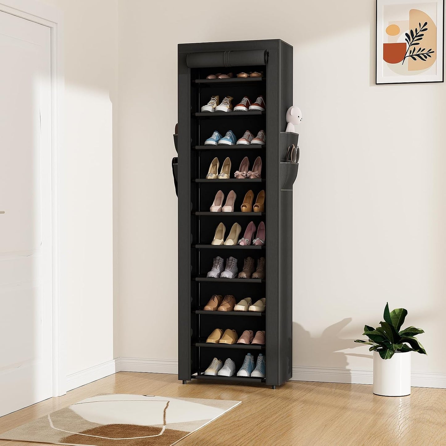 ROJASOP 10 Tier Shoe Rack with Covers,Large Capacity Stackable Tall Shoe Shelf Storage to 50-55 Pairs Shoes and Boots Sturdy Metal Free Standing Shoe Rack Organizer for Closet Entryway Garage