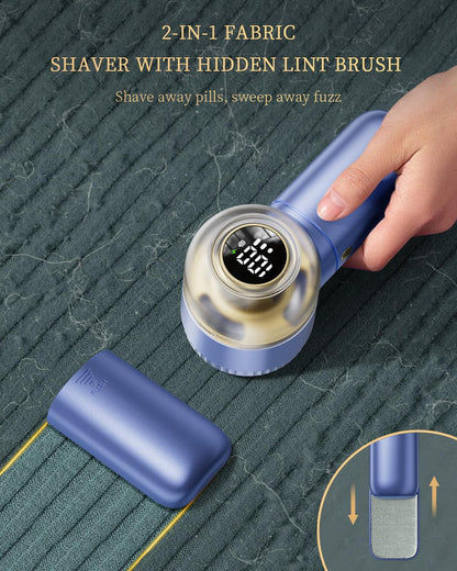 Fabric Shaver, 𝟮 𝗶𝗻 𝟭 Rechargeable Lint Remover with Brush, Large Sweater Shaver with Digital Display, 3 Speeds Lint Shaver, 6-Leaf Blades Lint Remover for Clothes, Sofa, Bedding, White