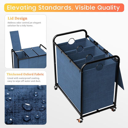180L (47.55 Gal) Laundry Sorter 3 Section, Rolling Laundry Basket with Lockable Wheels and Lid, Laundry Hamper with 3 Separated Removable Bags Dirty Clothes Hamper for Laundry Room Organizer, Black