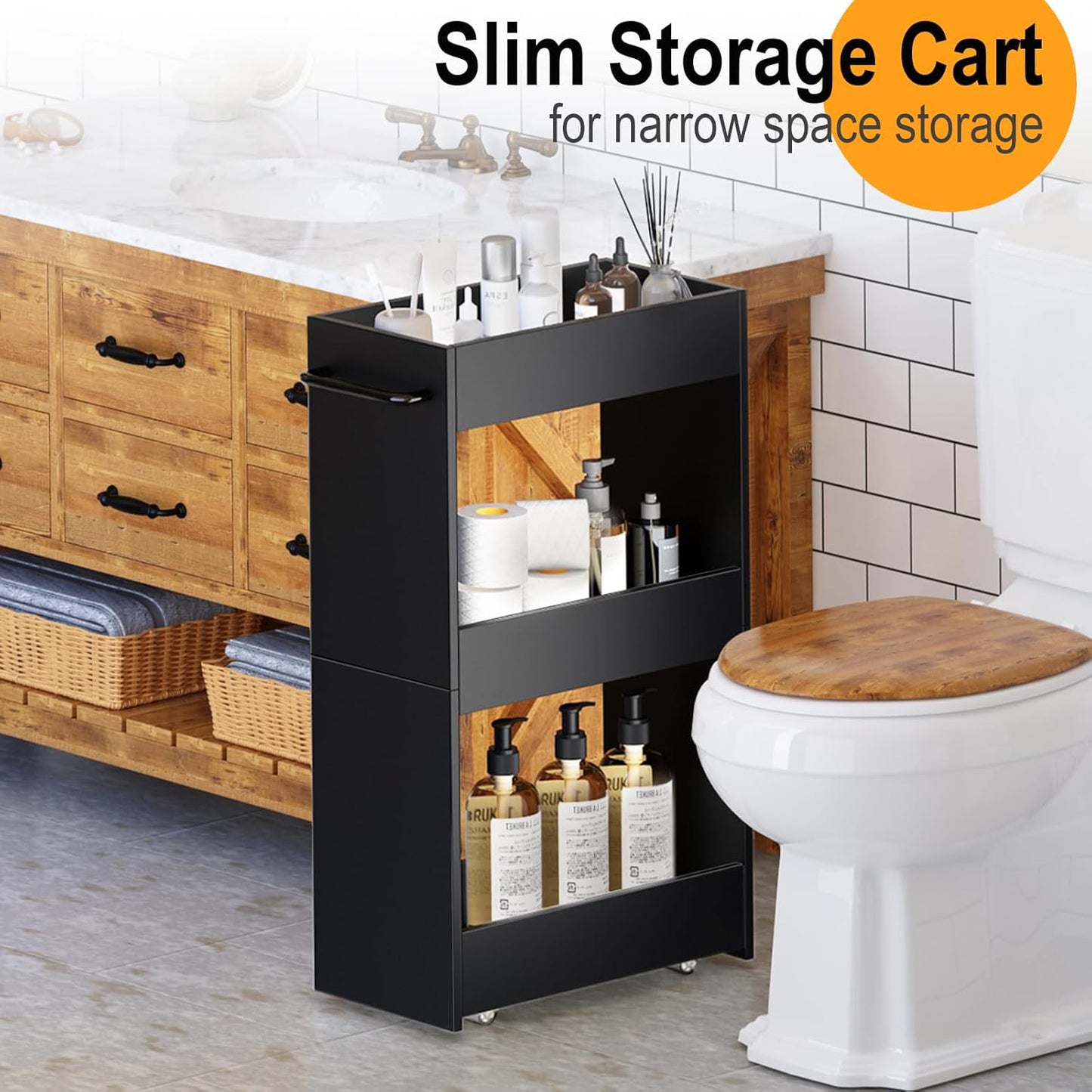 MARTY Wood Rolling Storage Cart 7.9" W, 3 Tier White Slim Utility Kitchen Cart on Wheels Laundry Room Bathroom Organizers Narrow Shelves with Handle Mobile Shelving Unit for Small Places