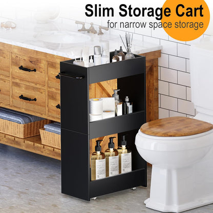 MARTY Wood Rolling Storage Cart 7.9" W, 3 Tier White Slim Utility Kitchen Cart on Wheels Laundry Room Bathroom Organizers Narrow Shelves with Handle Mobile Shelving Unit for Small Places