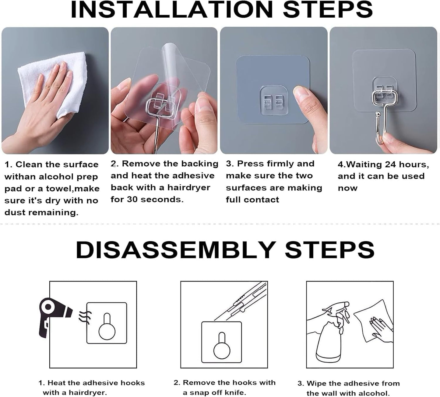 D Global Clear Adhesive Wall Hooks, Heavy Duty Self Adhesive, Waterproof & Removable, No Damage for Bathroom Kitchen Outdoor Use (12 Separable Large Hook)