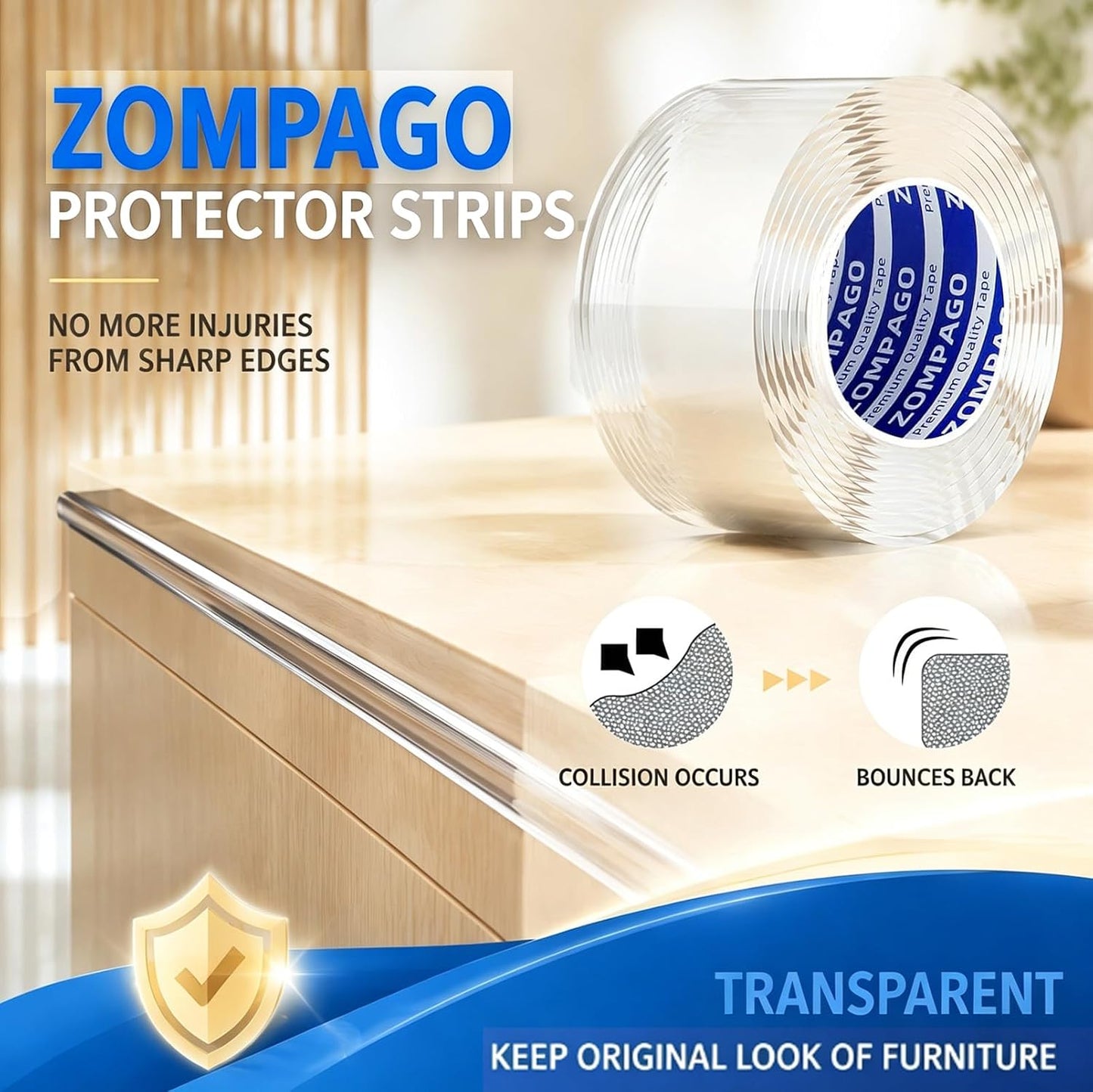 ZOMPAGO Baby Proofing Edge Protector Strip 2In x 13.4FT Clear Furniture Corner Guards for Toddlers Transparent Soft Sharp Edge Safety Bumpers Table Desk Fireplace Child Proof Protector Tape
