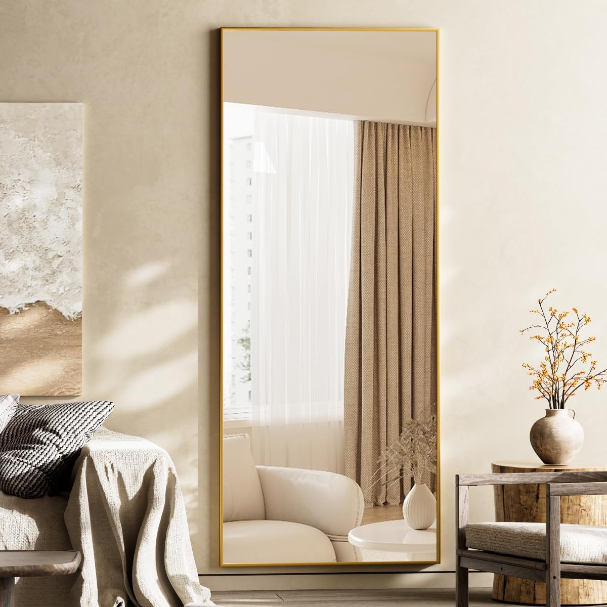 VooBang Mirror Full Length - 21" x 57" Floor Mirror with Stand, Aluminum Alloy Frame Full Body Mirror, Standing Hanging or Leaning Against Wall for Bedroom and Living Room, Black