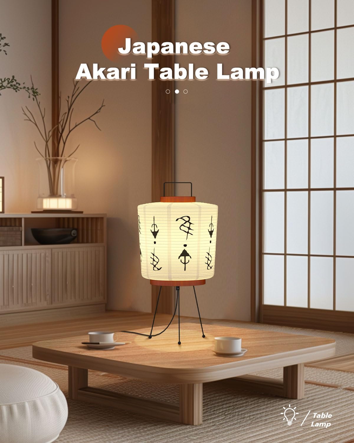 TACAHE Handmade Akari Table Lamp - Japanese Washi Paper Lantern - E26 Socket with Inline Cord Switch - 3 Color Temperature Bulb Included - Japandi Style Ambient Light - 21" Height