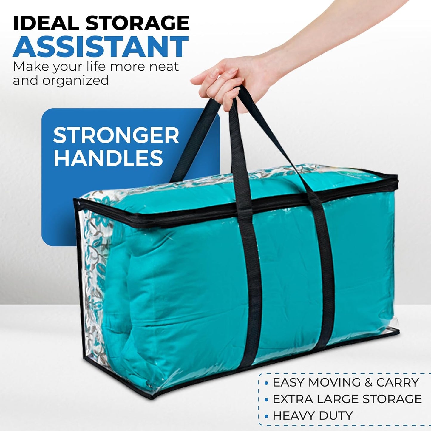 VitalUp 3 Pack Clear Plastic Storage Bags, Durable Zippered Storage Bags for Comforters, Blankets, Clothes, and Bedding - Breathable Nonwoven with Clear Front for Easy Organizing 20x20x8