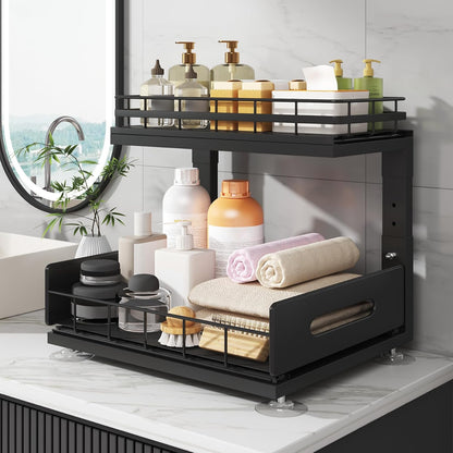Under Sink Organizer Upgrade To Professional Rails,2-Tier Dual Pull Out Cabinet Storage,Height Adjustable Slide Out Drawers For Bathroom Kitchen,2 Pack-14.5" Dx12.8-16.9" H,White
