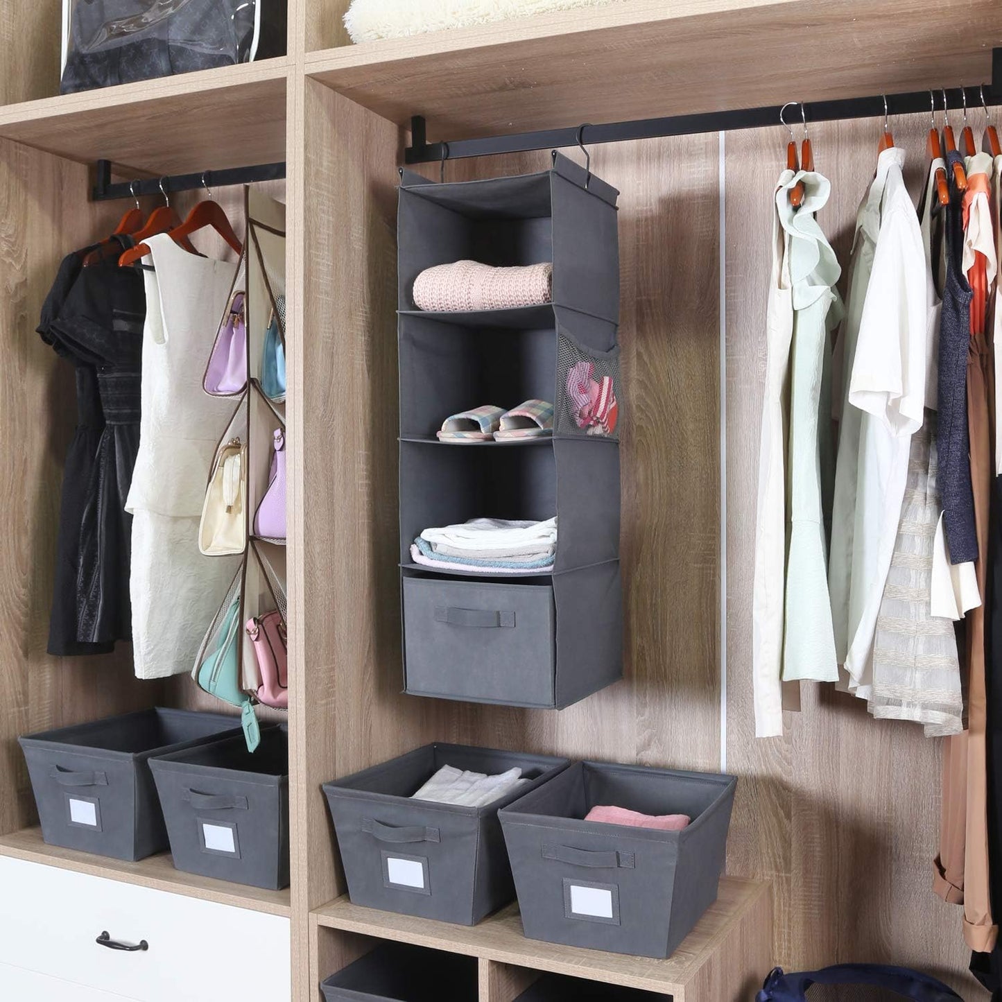 MAX Houser 4-Shelf Hanging Closet Organizer, Space Saver, Cloth Hanging Shelves with 2 Side Pockets, Foldable (Beige)